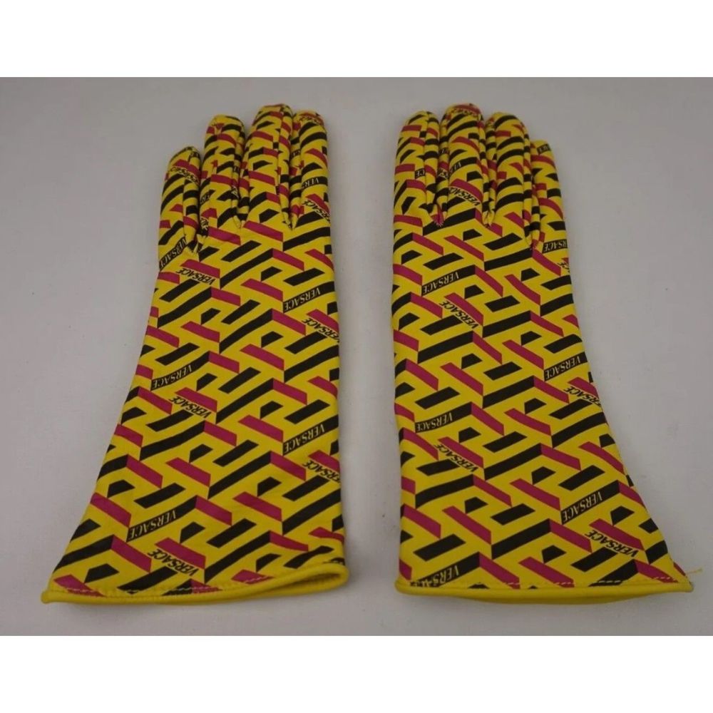 Versace Women's Logo Signature Print Yellow Leather Gloves Size 8